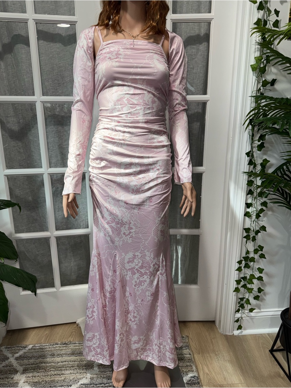 SHEIN Light Pink Floral Lace-Effect Maxi Dress with Shrug